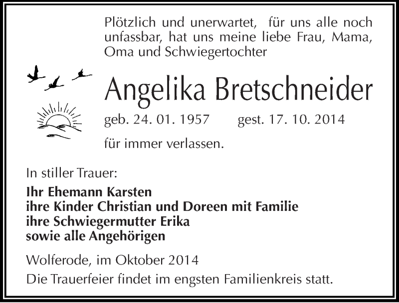  Traueranzeige für Angelika Bretschneider vom 24.10.2014 aus Mitteldeutsche Zeitung Mansfelder Land