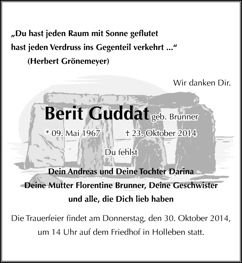  Traueranzeige für Berit Guddat vom 28.10.2014 aus Mitteldeutsche Zeitung Halle/Saalkreis