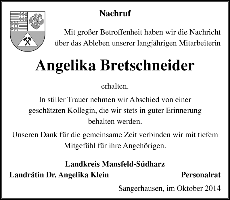  Traueranzeige für Angelika Bretschneider vom 30.10.2014 aus Mitteldeutsche Zeitung
