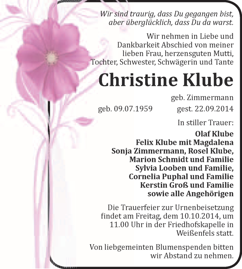  Traueranzeige für Christine Klube vom 01.10.2014 aus WVG - Wochenspiegel NMB / WSF / ZTZ