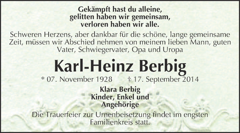  Traueranzeige für Karl-Heinz Berbig vom 01.10.2014 aus WVG - Wochenspiegel NMB / WSF / ZTZ