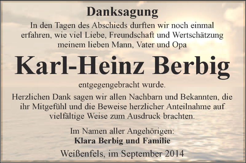  Traueranzeige für Karl-Heinz Berbig vom 15.10.2014 aus WVG - Wochenspiegel NMB / WSF / ZTZ