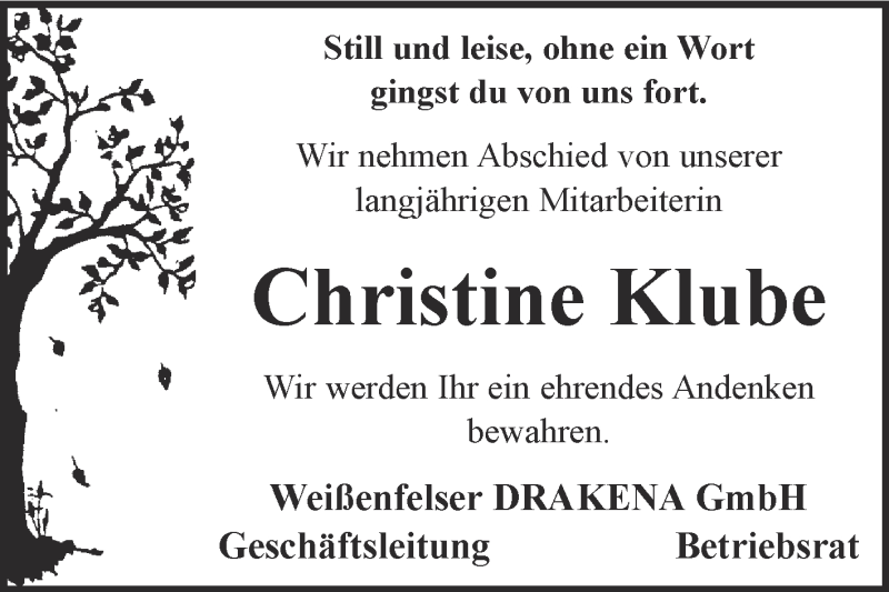  Traueranzeige für Christine Klube vom 15.10.2014 aus WVG - Wochenspiegel NMB / WSF / ZTZ