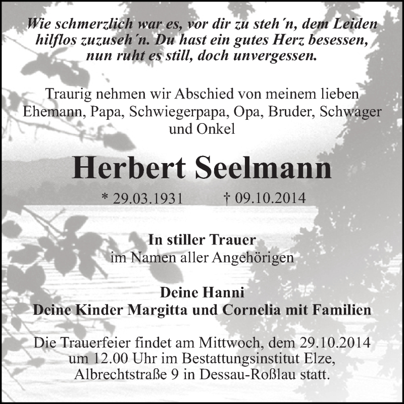  Traueranzeige für Herbert Seelmann vom 15.10.2014 aus WVG - Wochenspiegel Dessau / Köthen