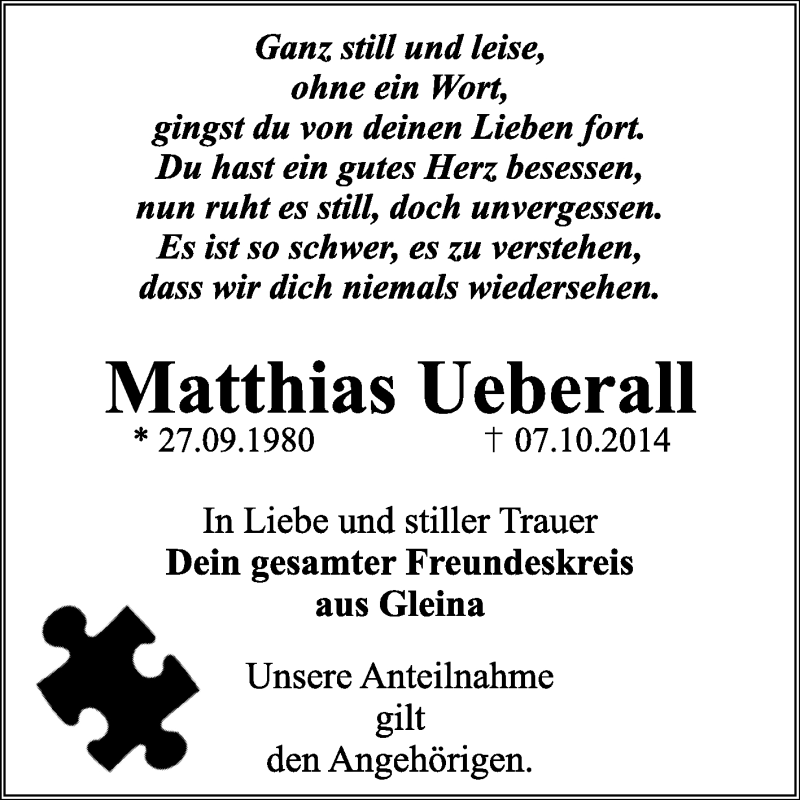  Traueranzeige für Matthias Ueberall vom 22.10.2014 aus WVG - Wochenspiegel NMB / WSF / ZTZ