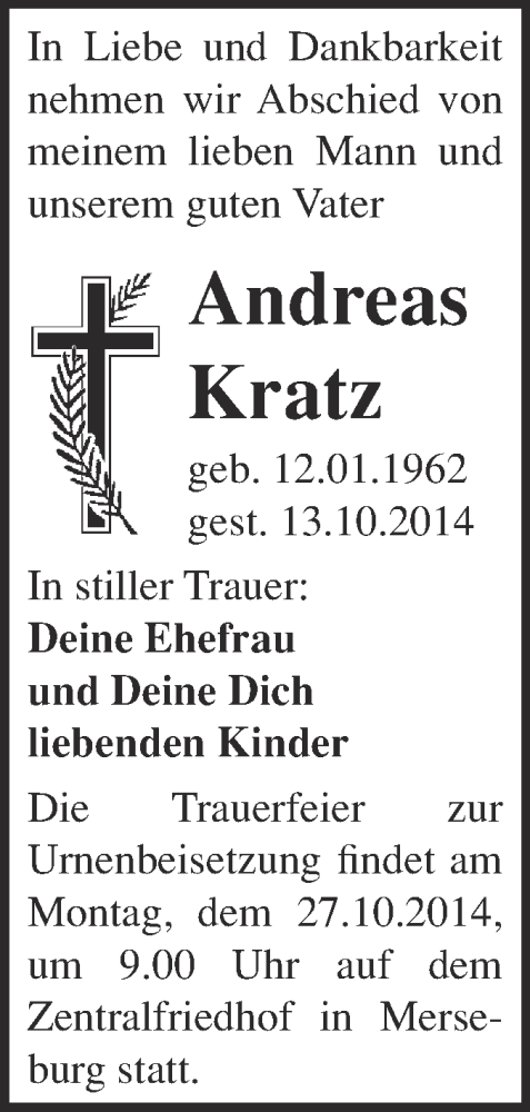  Traueranzeige für Andreas Kratz vom 19.10.2014 aus WVG - Wochenspiegel Merseburg