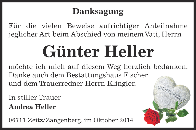  Traueranzeige für Günter Heller vom 19.10.2014 aus Super Sonntag Zeitz