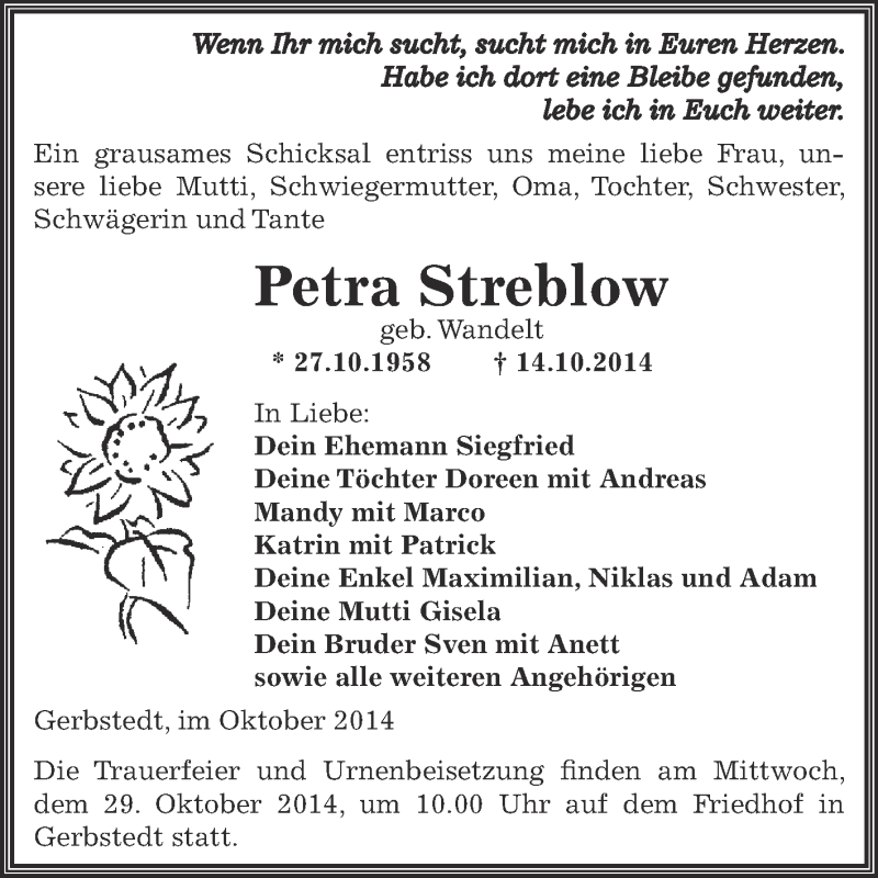  Traueranzeige für Petra Streblow vom 22.10.2014 aus Wochenspiegel Mansfelder Land