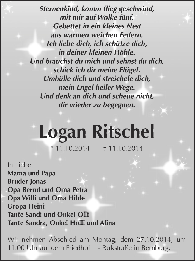  Traueranzeige für Logan Ritschel vom 19.10.2014 aus Super Sonntag Bernburg
