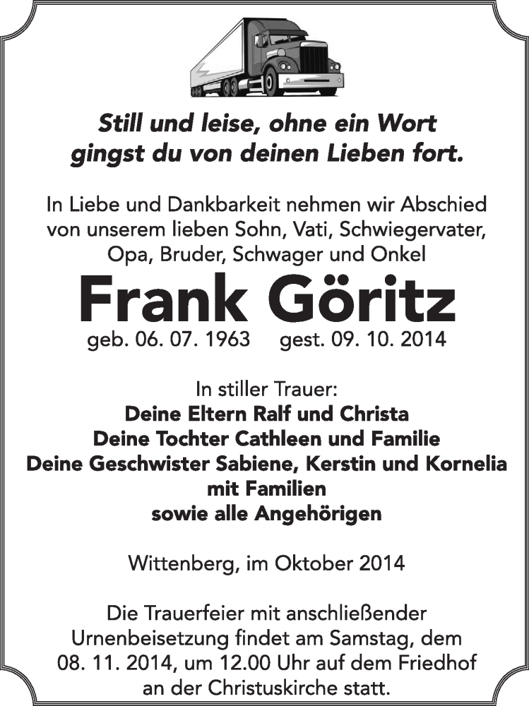  Traueranzeige für Frank Göritz vom 26.10.2014 aus WVG - Wochenspiegel Wittenberg