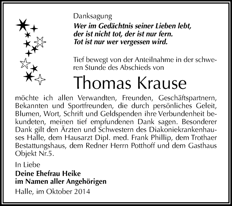  Traueranzeige für Thomas Krause vom 29.10.2014 aus WVG - Wochenspiegel NMB / WSF / ZTZ
