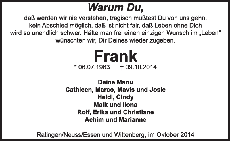  Traueranzeige für Frank Göritz vom 26.10.2014 aus Super Sonntag Wittenberg