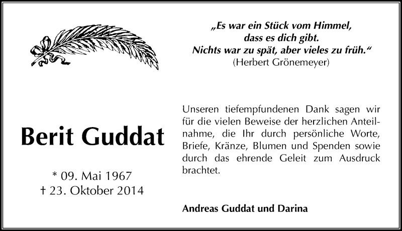  Traueranzeige für Berit Guddat vom 08.11.2014 aus Mitteldeutsche Zeitung Halle/Saalkreis