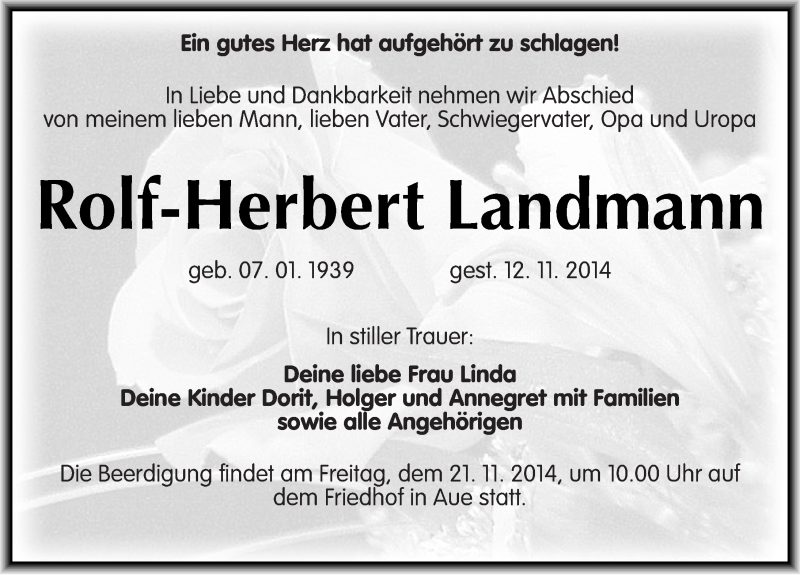  Traueranzeige für Rolf-Herbert Landmann vom 15.11.2014 aus Mitteldeutsche Zeitung Naumburg/Nebra