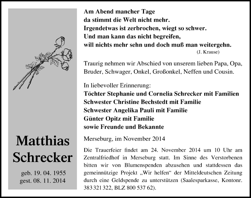  Traueranzeige für Matthias Schrecker vom 19.11.2014 aus Mitteldeutsche Zeitung Merseburg/Querfurt