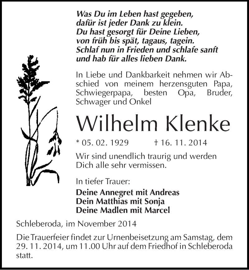  Traueranzeige für Wilhelm Klenke vom 20.11.2014 aus Mitteldeutsche Zeitung Naumburg/Nebra