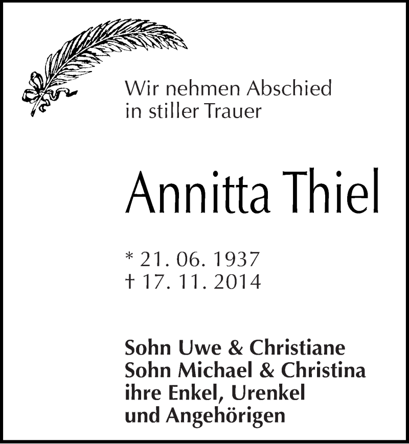  Traueranzeige für Annitta Thiel vom 29.11.2014 aus Mitteldeutsche Zeitung Halle/Saalkreis