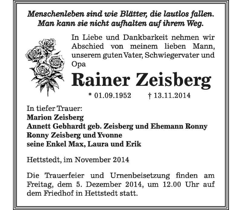  Traueranzeige für Rainer Zeisberg vom 22.11.2014 aus Mitteldeutsche Zeitung Mansfelder Land