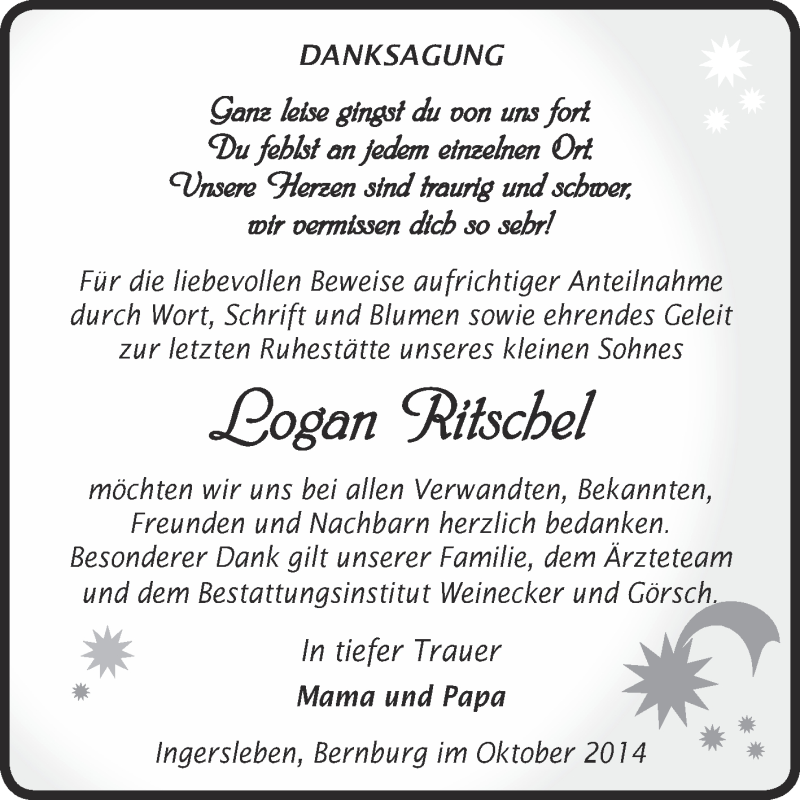  Traueranzeige für Logan Ritschel vom 02.11.2014 aus Super Sonntag Bernburg