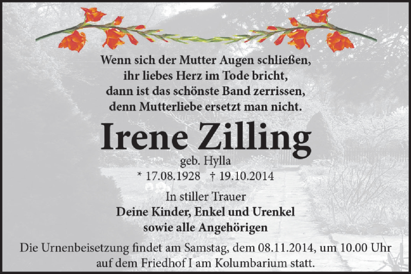  Traueranzeige für Irene Zilling vom 02.11.2014 aus WVG - Wochenspiegel Dessau / Köthen
