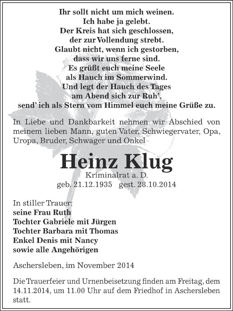  Traueranzeige für Heinz Klug vom 05.11.2014 aus WVG - Wochenspiegel Aschersleben