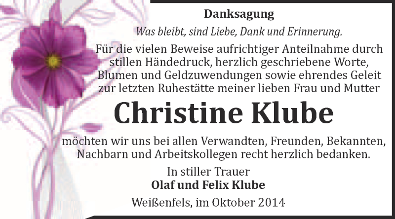  Traueranzeige für Christine Klube vom 05.11.2014 aus WVG - Wochenspiegel NMB / WSF / ZTZ