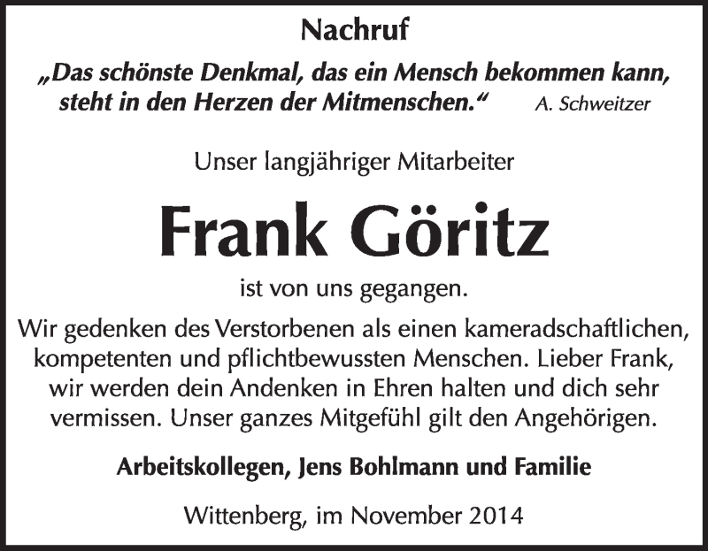  Traueranzeige für Frank Göritz vom 09.11.2014 aus Super Sonntag Wittenberg