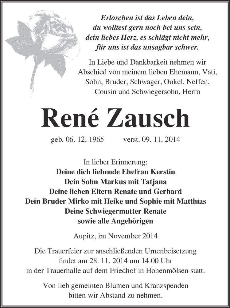  Traueranzeige für René Zausch vom 19.11.2014 aus WVG - Wochenspiegel NMB / WSF / ZTZ