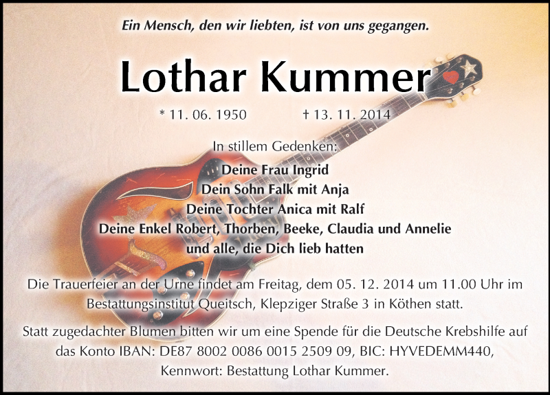  Traueranzeige für Lothar Kummer vom 23.11.2014 aus Super Sonntag Dessau / Köthen