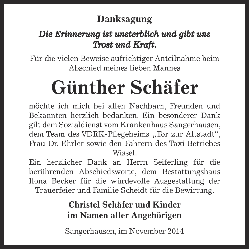  Traueranzeige für Günther Schäfer vom 26.11.2014 aus WVG - Wochenspiegel SGH