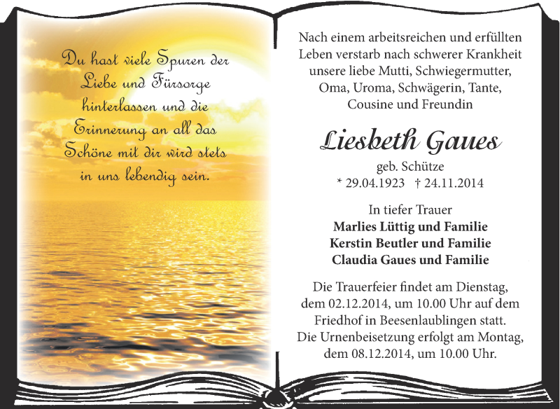  Traueranzeige für Liesbeth Gaues vom 30.11.2014 aus Super Sonntag Bernburg