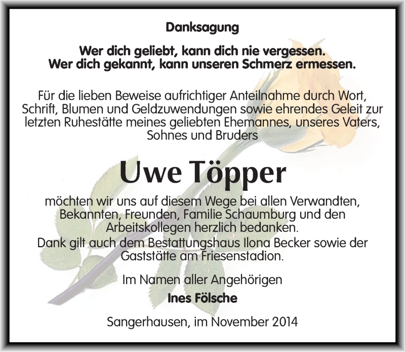  Traueranzeige für Uwe Töpper vom 06.12.2014 aus Mitteldeutsche Zeitung Sangerhausen