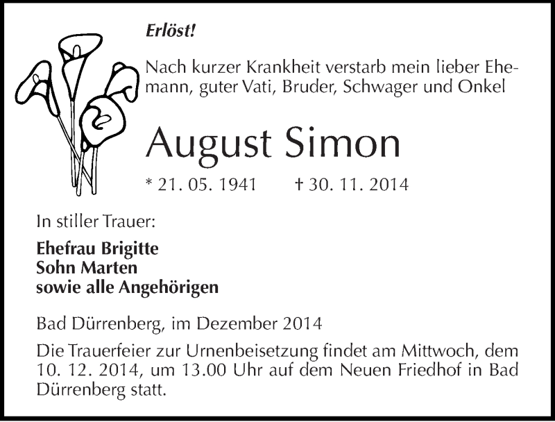  Traueranzeige für August Simon vom 02.12.2014 aus Mitteldeutsche Zeitung