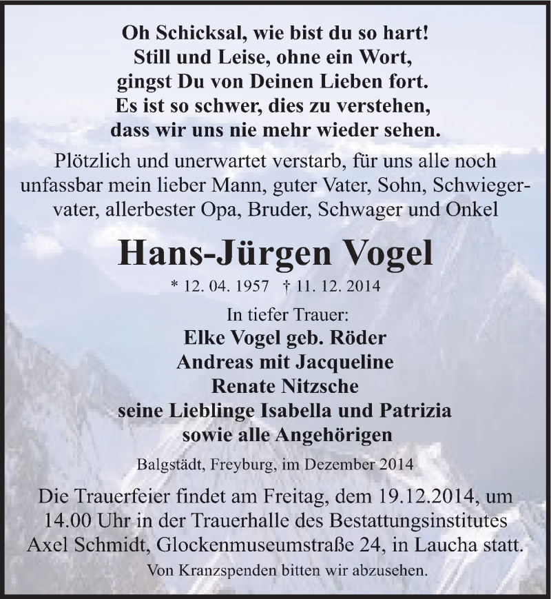  Traueranzeige für Hans-Jürgen Vogel vom 13.12.2014 aus Mitteldeutsche Zeitung Naumburg/Nebra