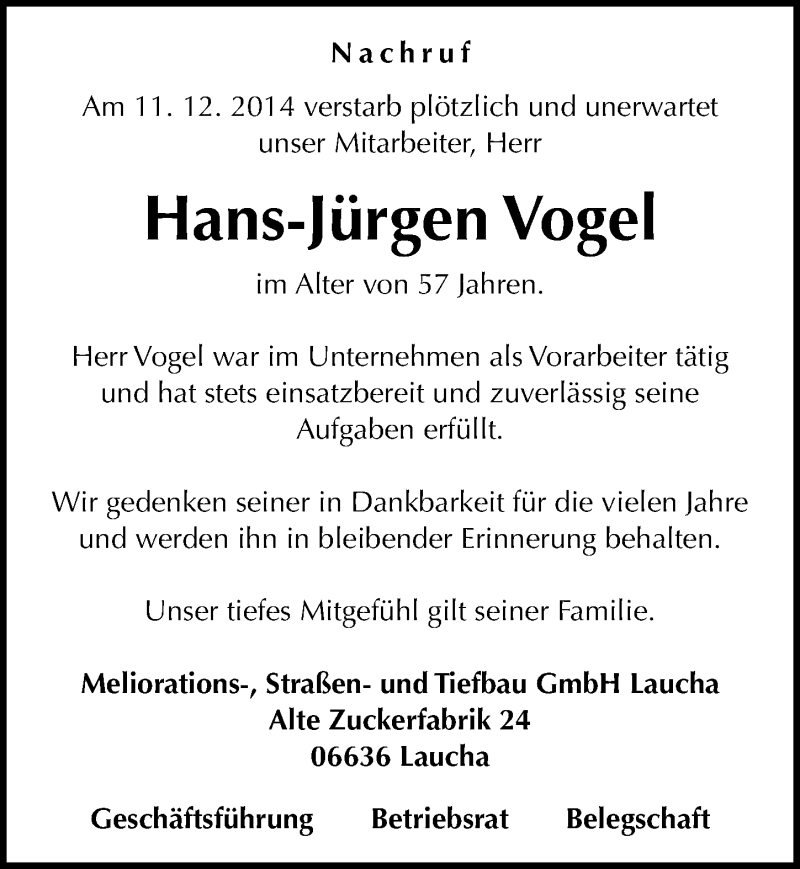  Traueranzeige für Hans-Jürgen Vogel vom 16.12.2014 aus Mitteldeutsche Zeitung Naumburg/Nebra