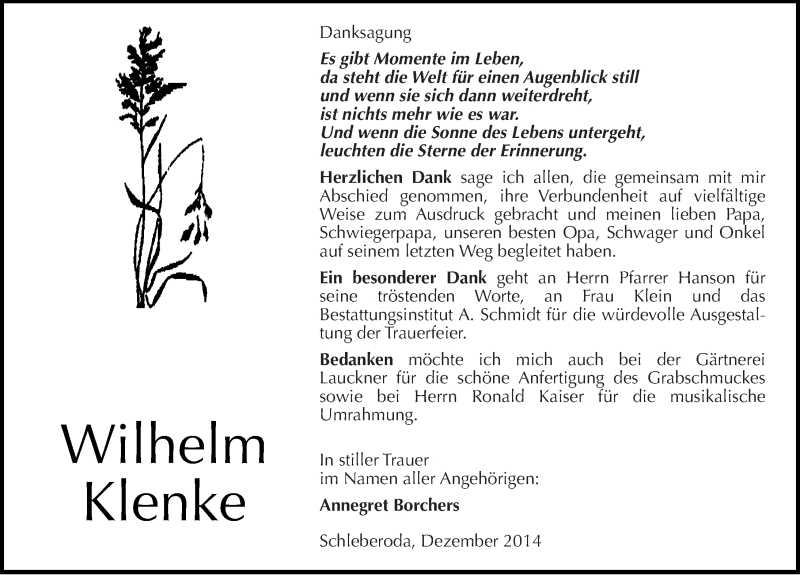  Traueranzeige für Wilhelm Klenke vom 19.12.2014 aus Mitteldeutsche Zeitung Naumburg/Nebra