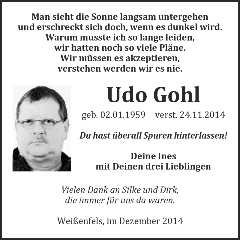  Traueranzeige für Udo Gohl vom 03.12.2014 aus WVG - Wochenspiegel NMB / WSF / ZTZ