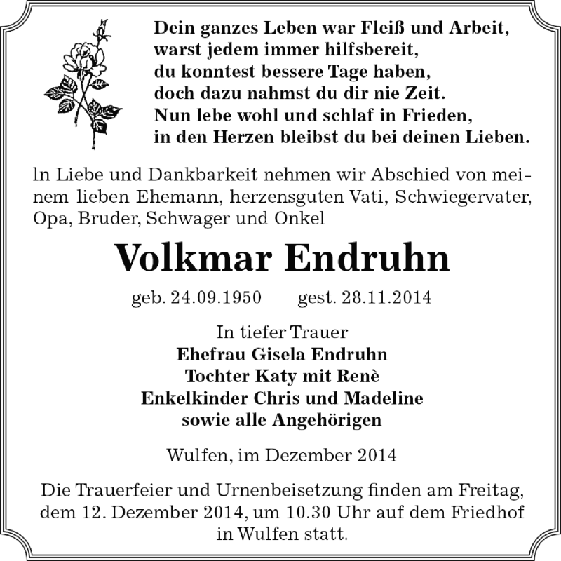  Traueranzeige für Volkmar Endruhn vom 07.12.2014 aus WVG - Wochenspiegel Dessau / Köthen