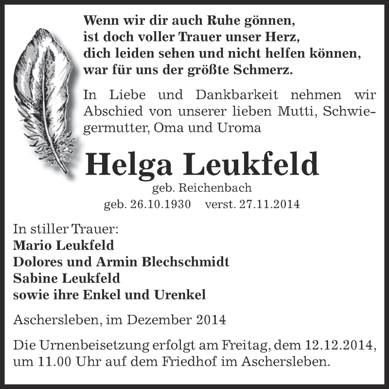  Traueranzeige für Helga Gertrud Anna Leukfeld vom 07.12.2014 aus Super Sonntag Aschersleben