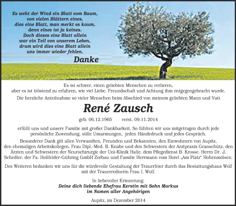  Traueranzeige für René Zausch vom 17.12.2014 aus WVG - Wochenspiegel NMB / WSF / ZTZ