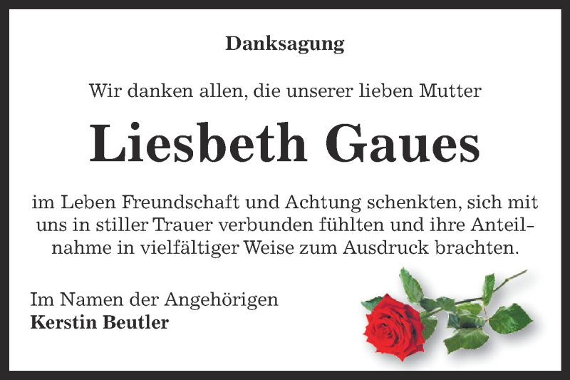  Traueranzeige für Liesbeth Gaues vom 14.12.2014 aus Super Sonntag Bernburg