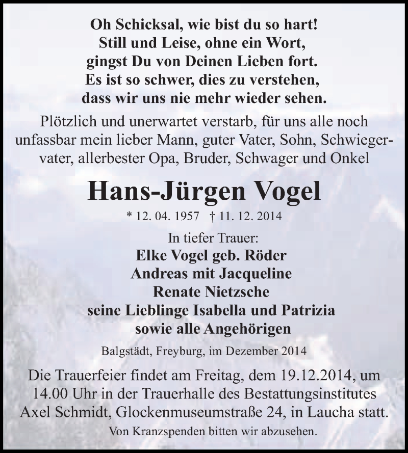  Traueranzeige für Hans-Jürgen Vogel vom 17.12.2014 aus WVG - Wochenspiegel NMB / WSF / ZTZ