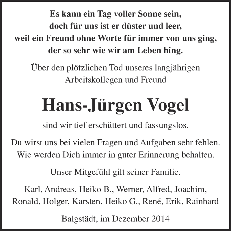 Traueranzeige für Hans-Jürgen Vogel vom 17.12.2014 aus WVG - Wochenspiegel NMB / WSF / ZTZ