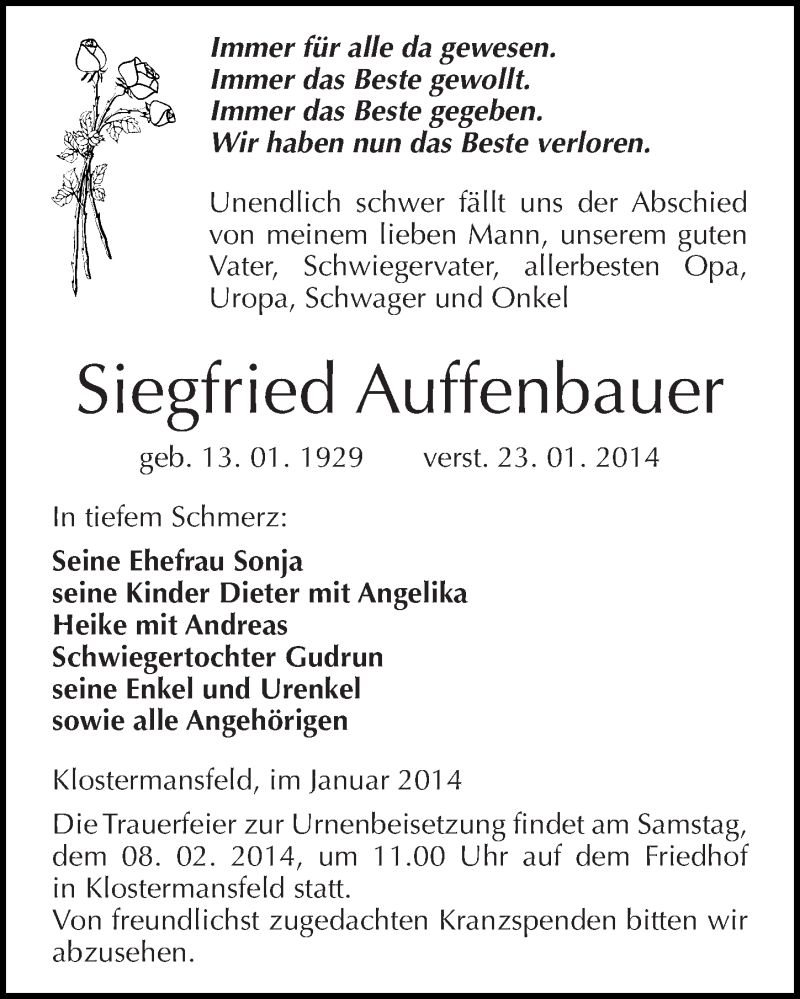 Traueranzeige für Siegfried Auffenbauer vom 01.02.2014 aus Mitteldeutsche Zeitung Mansfelder Land
