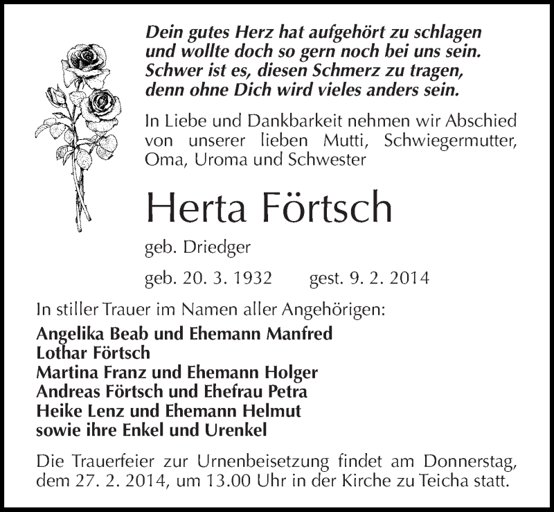  Traueranzeige für Herta Förtsch vom 15.02.2014 aus Mitteldeutsche Zeitung Halle/Saalkreis