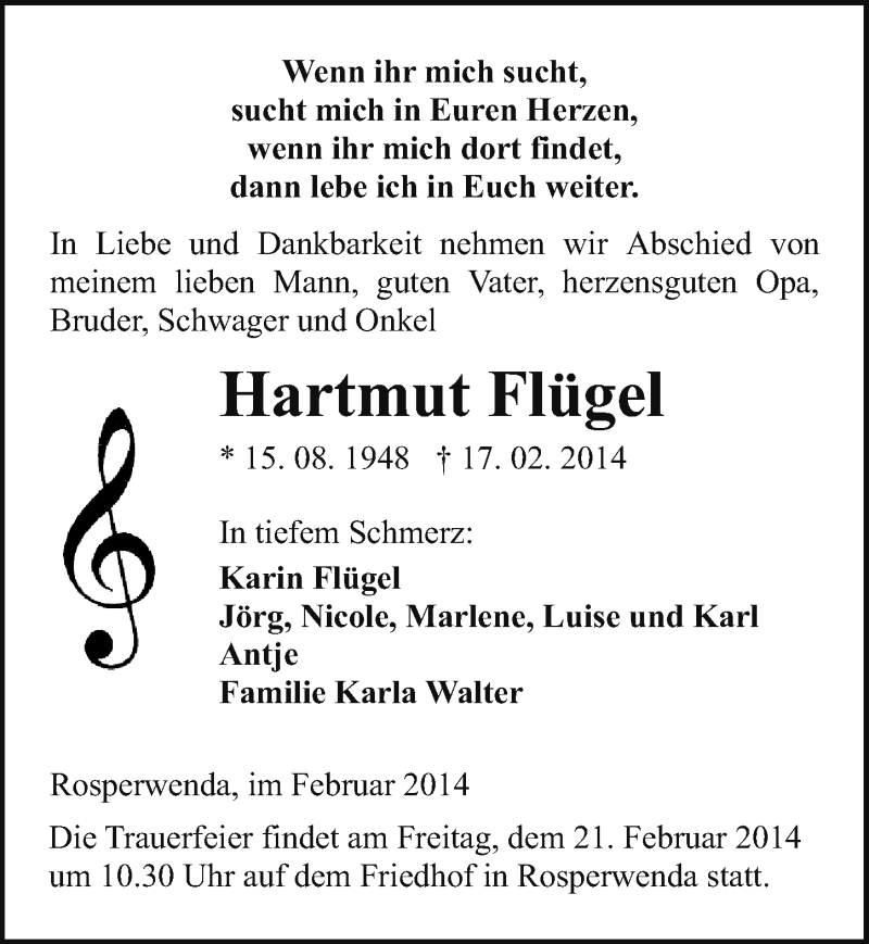  Traueranzeige für Hartmut Flügel vom 19.02.2014 aus Mitteldeutsche Zeitung Sangerhausen