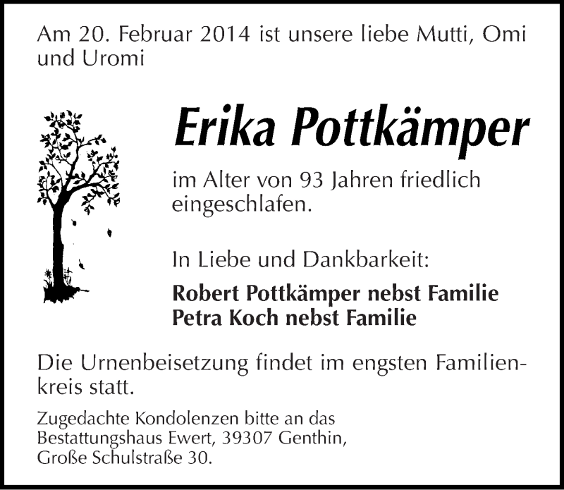  Traueranzeige für Erika Pottkämper vom 22.02.2014 aus Mitteldeutsche Zeitung Naumburg/Nebra