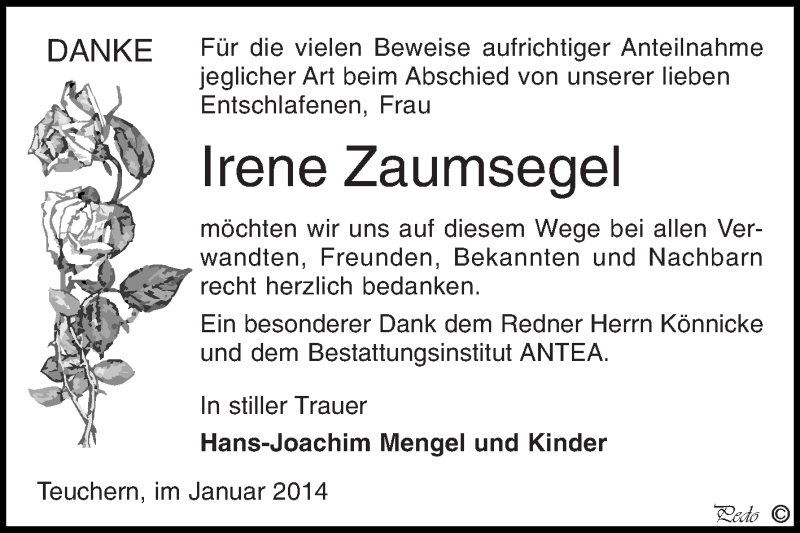 Traueranzeige für Irene Zaumsegel vom 05.02.2014 aus Wochenspiegel
