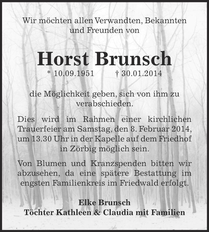  Traueranzeige für Horst Brunsch vom 05.02.2014 aus WVG - Wochenspiegel Bitterfeld