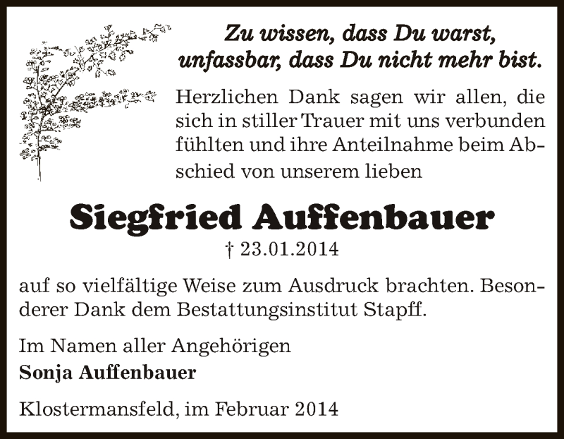 Traueranzeige für Siegfried Auffenbauer vom 19.02.2014 aus Wochenspiegel Mansfelder Land
